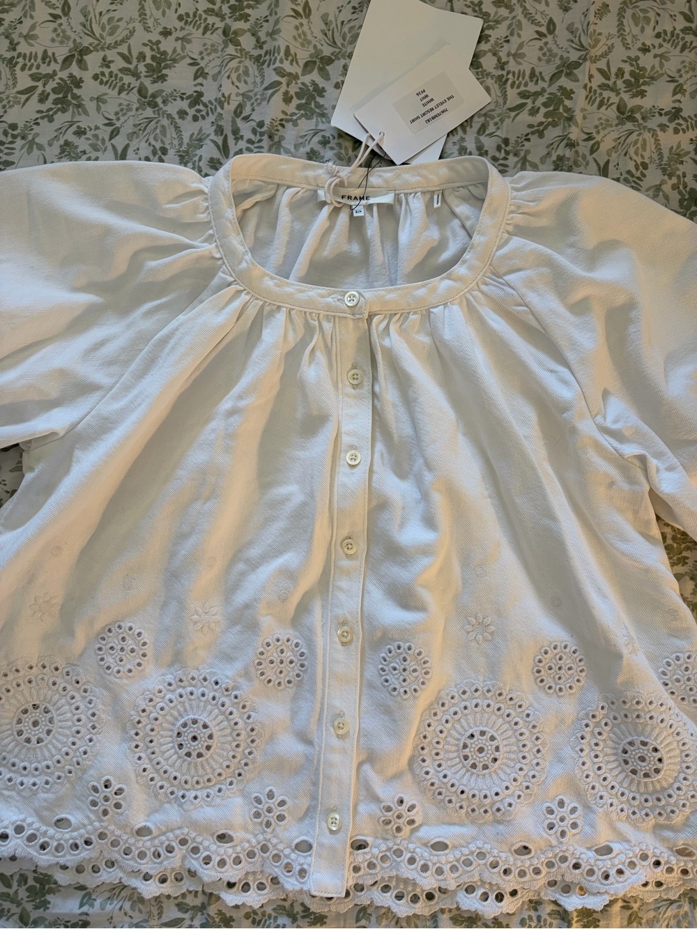 FRAME White Eyelet Resort Shirt Sample PF26 Peasant Blouse Size: Small